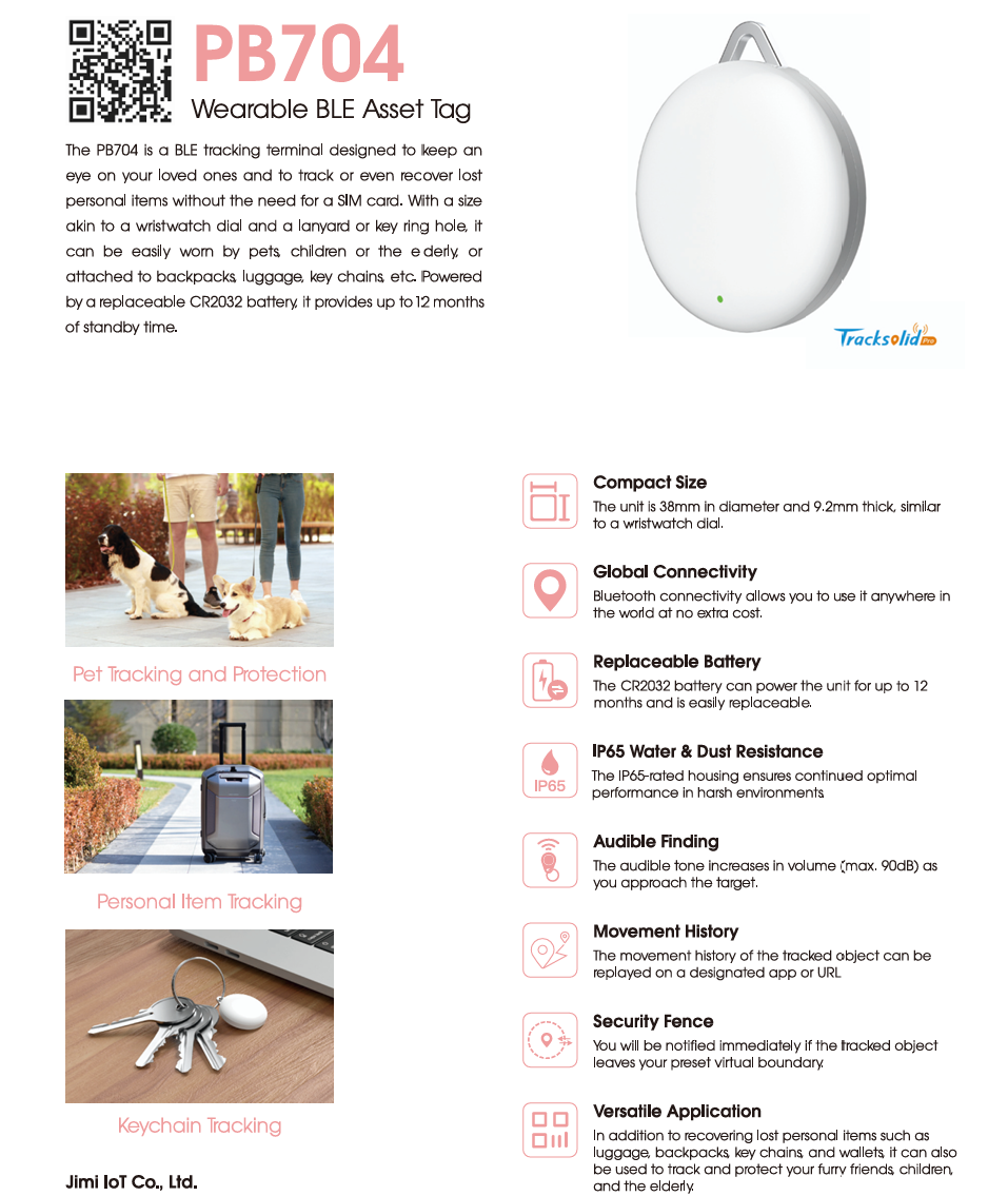 PB704 Wearable BLE Tracker | For Pets, Kids & Elderly | 12-Month Battery | No SIM Card