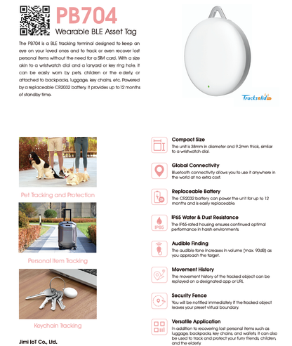 PB704 Wearable BLE Tracker | For Pets, Kids & Elderly | 12-Month Battery | No SIM Card